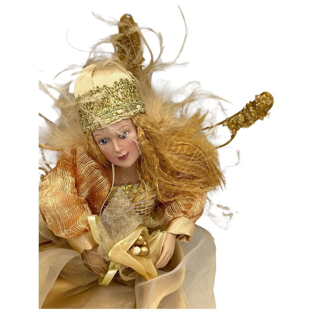 Winward Gold Angel Fairy Ornament Feathers Glitter Crimped Hair Carrying Bouquet - Picture 2 of 10